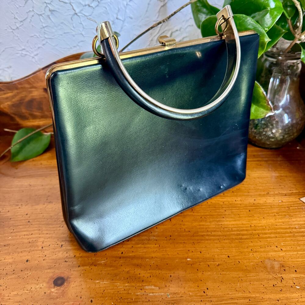 Vintage Black Structured Handbag Gold Frame Top Handle Purse 50s/60s Mod Kelly - Picture 2 of 9
